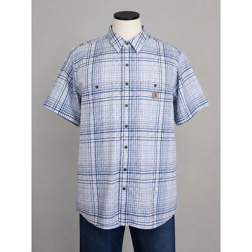 Carhartt Rugged Flex Mens 2XL Tall Blue Plaid Short Sleeve Button Down Workwear